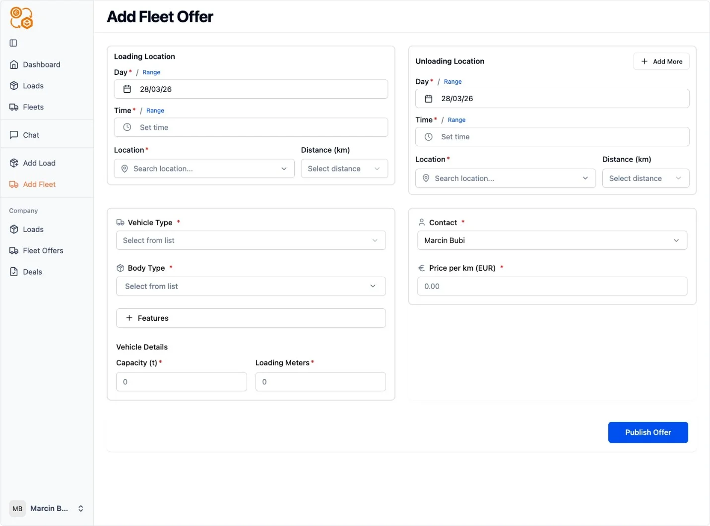 PickUp2 Fleet Offer creation form
