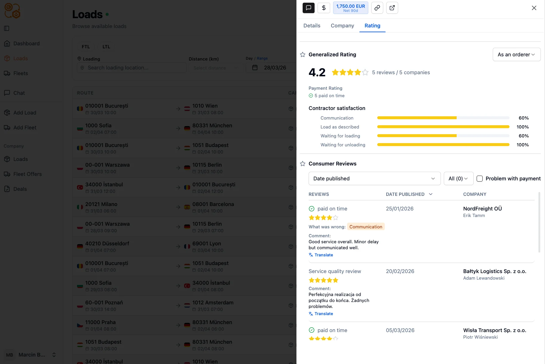 Company rating statistics on PickUp2