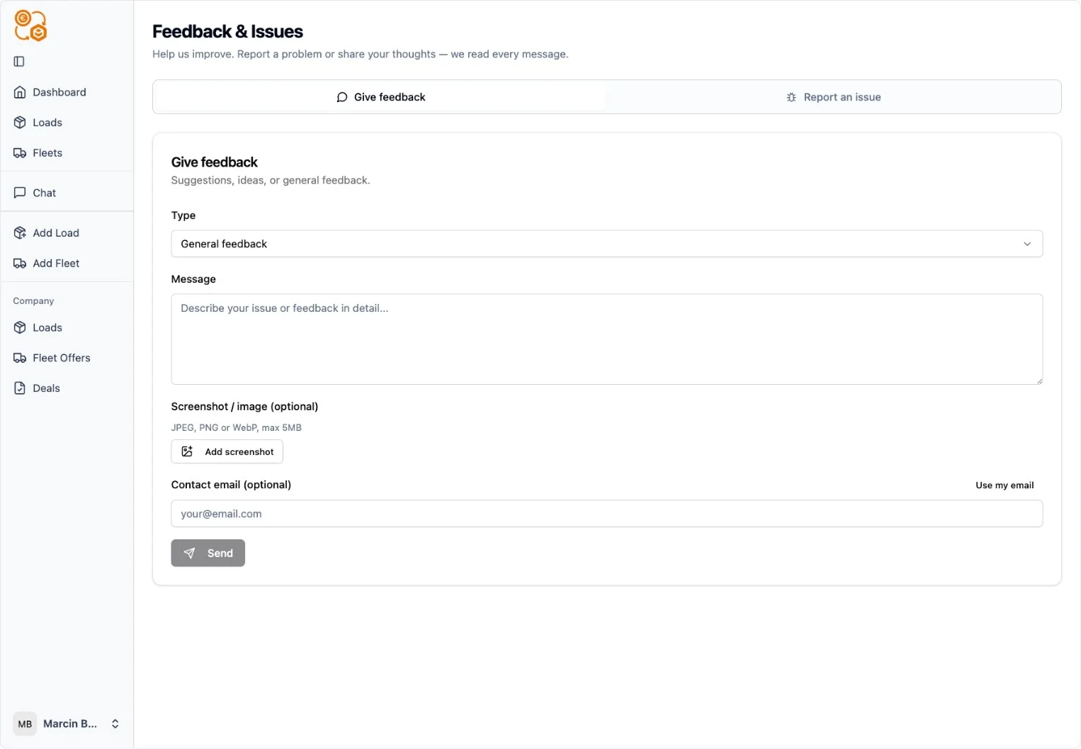 PickUp2 Dashboard feedback form with screenshot upload