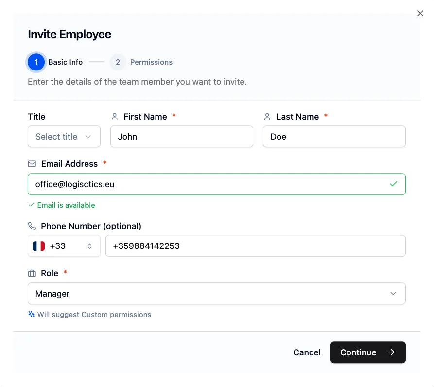Invite Employee form with role selection