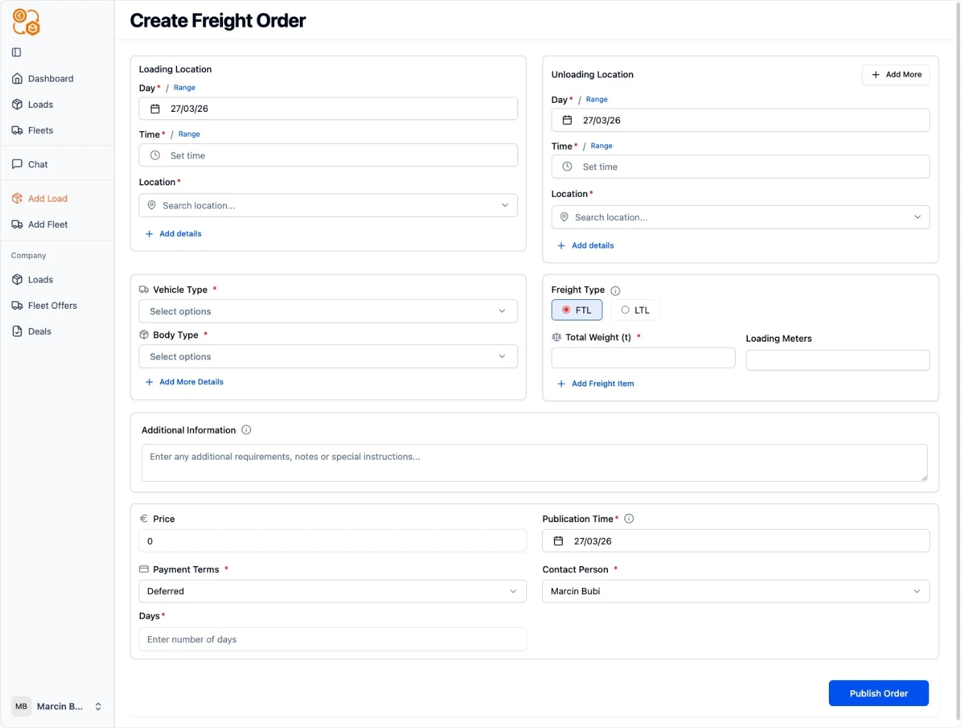 Create Freight Order form on PickUp2